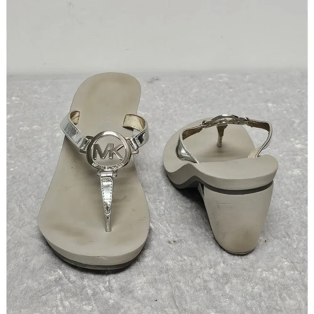 Michael Kors Warren Women Metallic T-Strap Thong Wedge Sandals-Size 7M